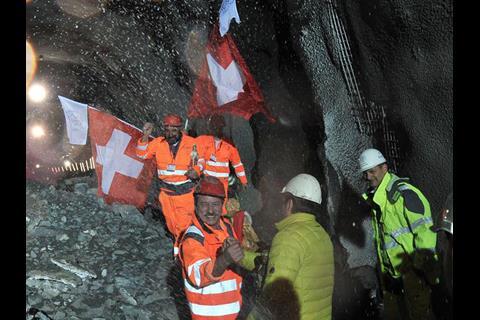 The southern end of the western bore of the Ceneri base tunnel was holed though on March 17 (Photo: AlpTransit Gotthard).